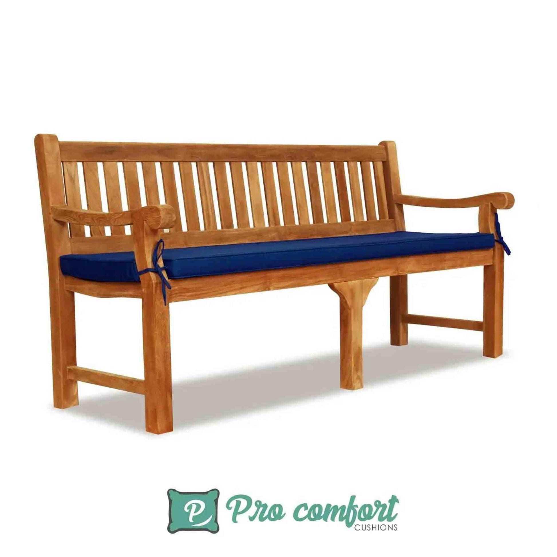blue cushions on an outdoor bench