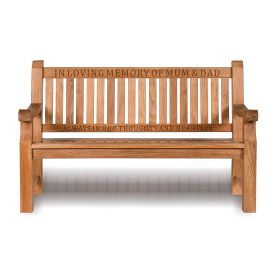 3 seat wooden memorial bench with carved words on two rails