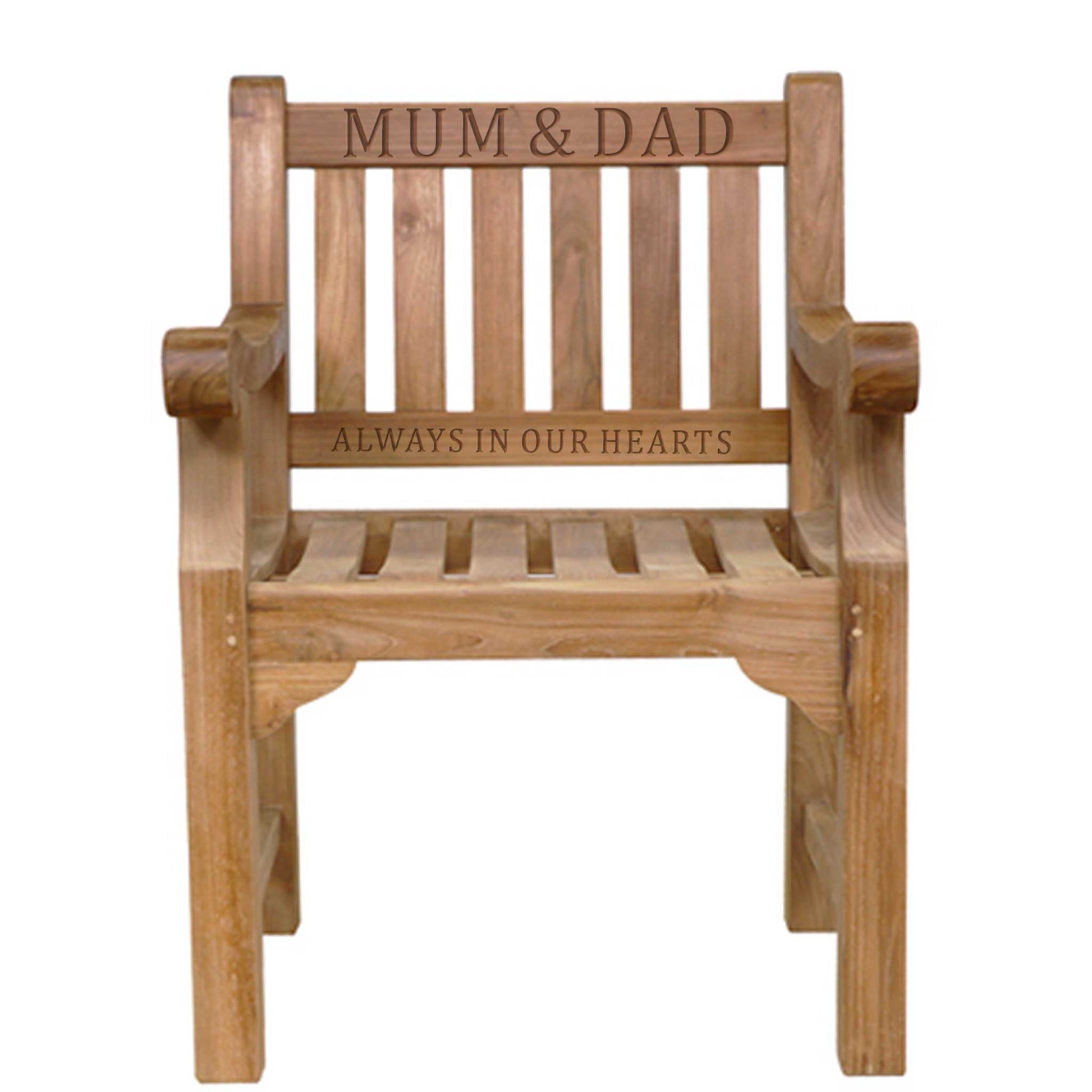 Wooden memorial chair with engraved text 'MUM & DAD ALWAYS IN OUR HEARTS' on a white background