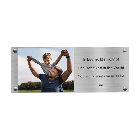 stainless memorial photo plaque with a father and son in a woodland setting