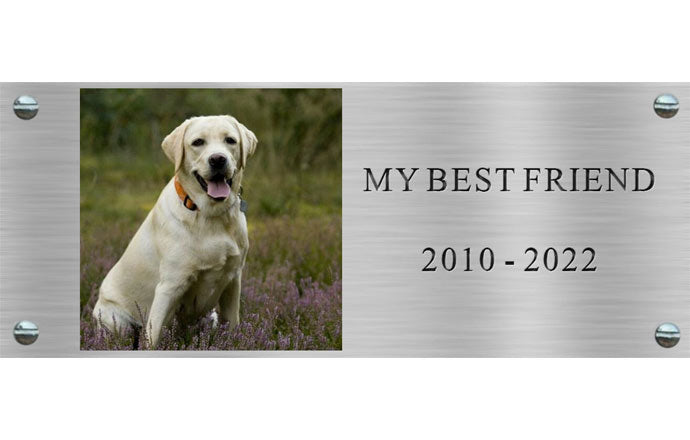 Memorial plaque with a photo of a dog and 'My Best Friend' text on a silver background