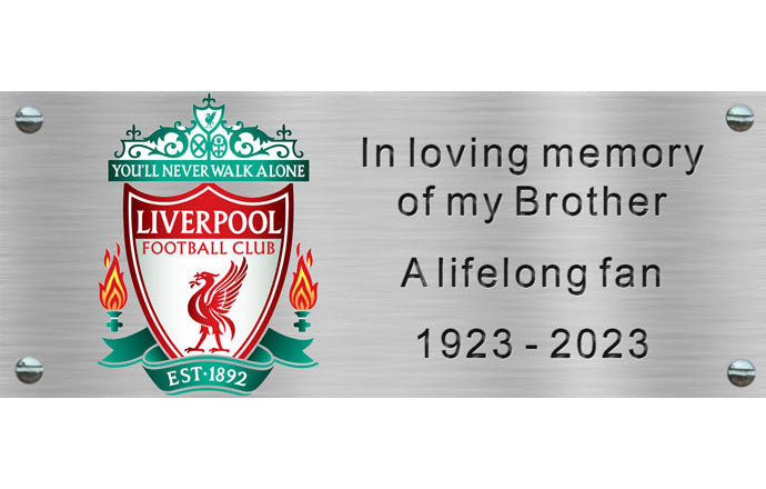Memorial plaque for a lifelong Liverpool FC fan with club logo and text.