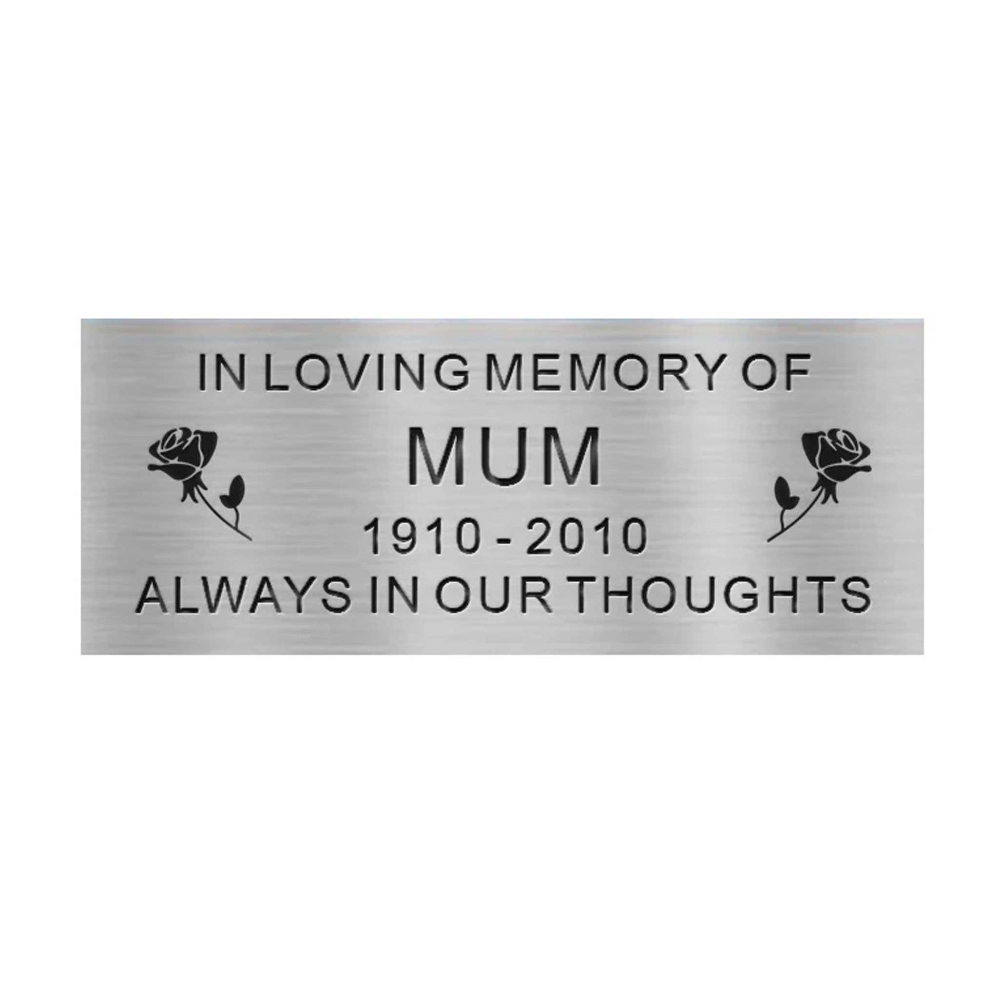 Memorial metal plaque for 'Mum' with roses on a white background