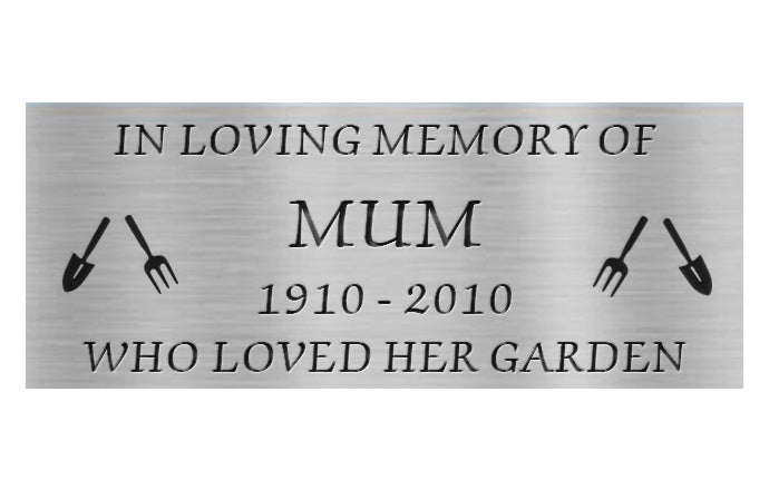 Memorial plaque for 'Mum' who loved her garden, with gardening tools on a white background.
