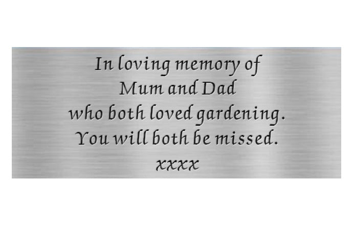 Memorial plaque for Mum and Dad with gardening tribute on a white background
