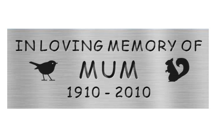 Stainless steel metal memorial plaque for 'In Loving Memory of Mum' with a bird and squirrel silhouette.