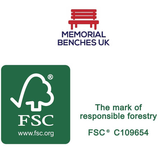 FSC certification label on a green background with 'Memorial Benches UK' logo above.