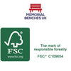 FSC certification label on a green background with 'Memorial Benches UK' logo above.