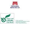 Memorial Benches UK logo with Green Leaf Legal Teak Wood (GLES) certification on a white background