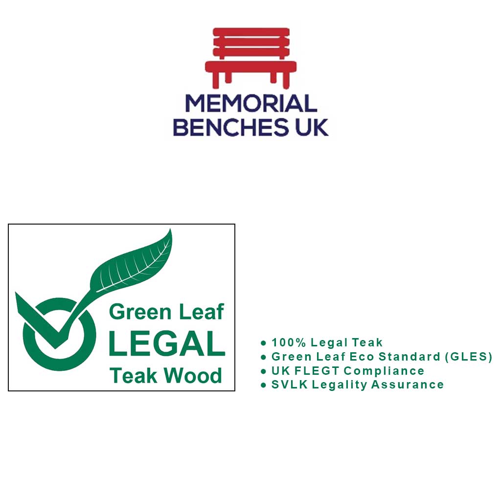 Memorial Benches UK logo with Green Leaf Legal Teak Wood (GLES) certification on a white background