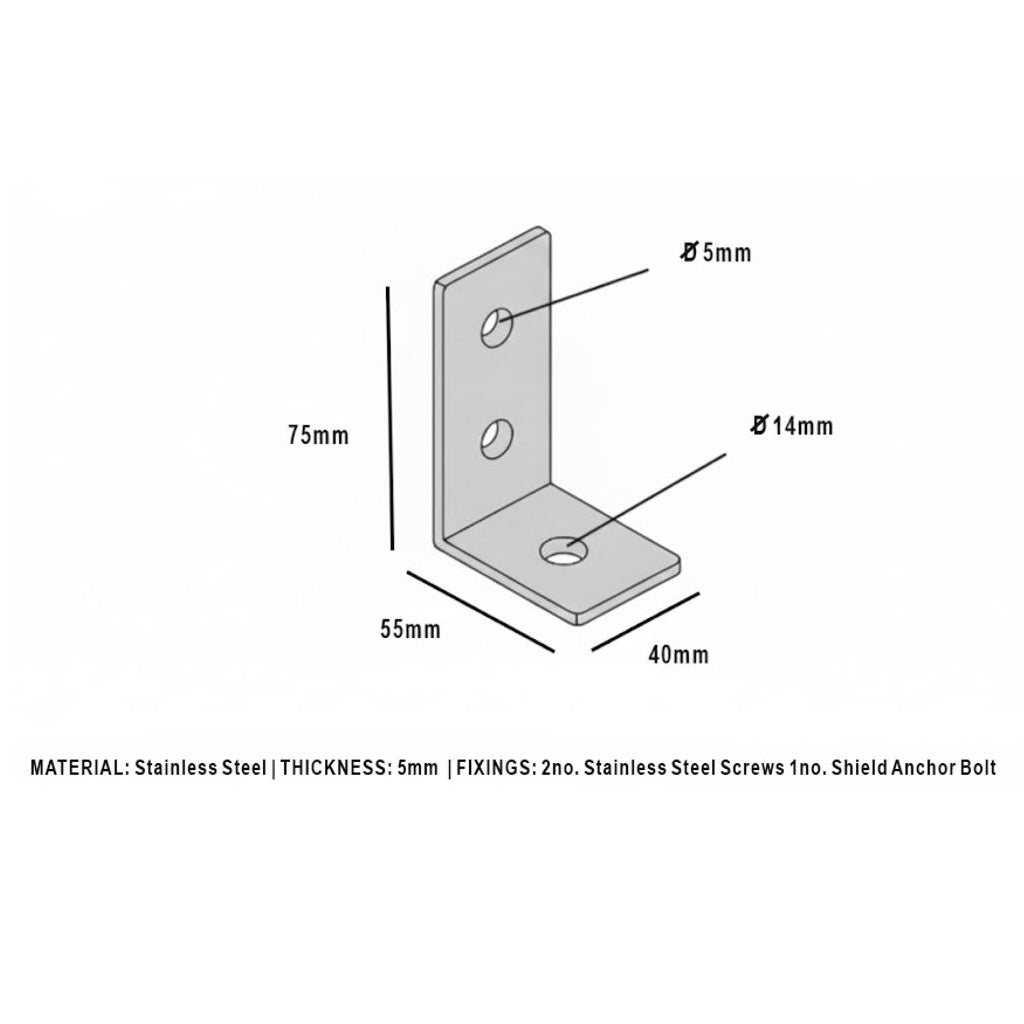 Technical drawing of a stainless steel bracket with dimensions and material details.
