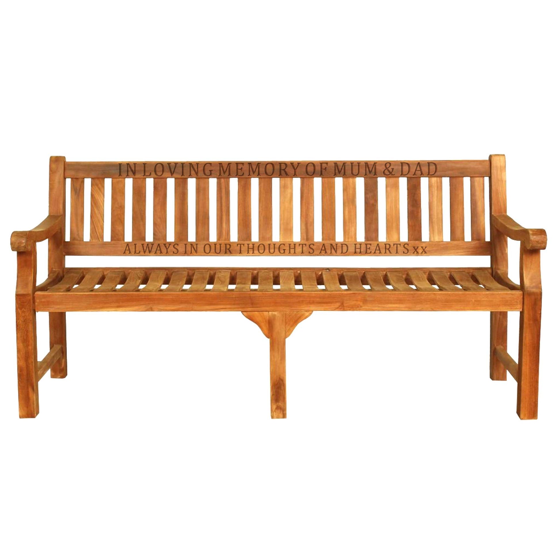 Wooden 4 seat memorial bench with 2 rails of wood carved text on a white background