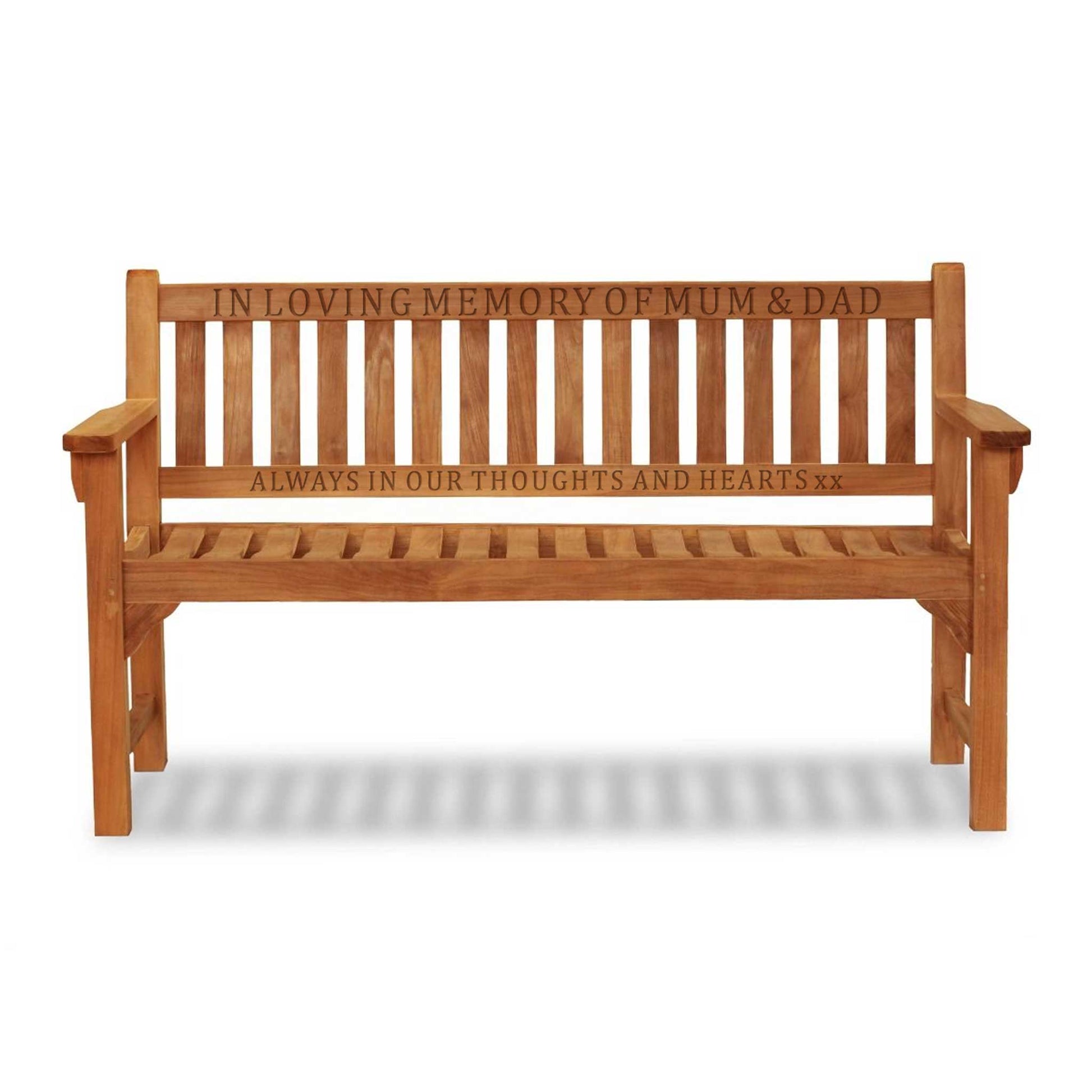 wooden memorial bench with 2 rails of carved text on a white background