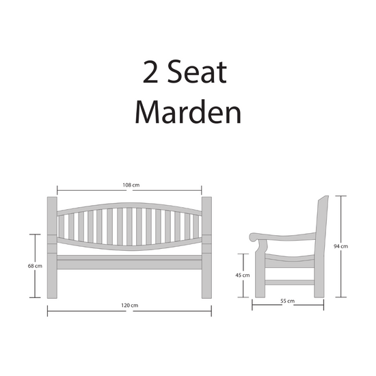 Dimensions of a 2-seat Marden bench and chair on a white background