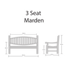 Dimensions of a 3-seat Marden bench and chair on a white background
