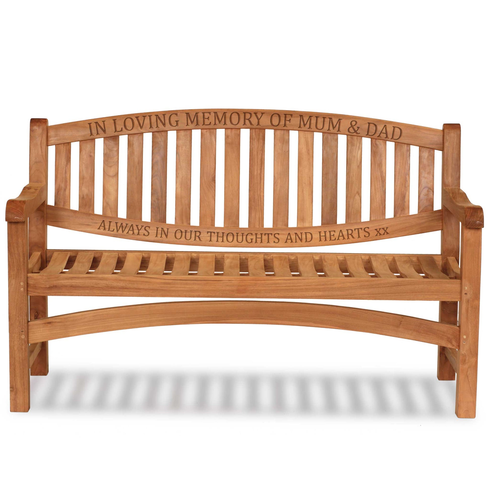 Wooden commemorative bench with engraved text on two rails on a white background