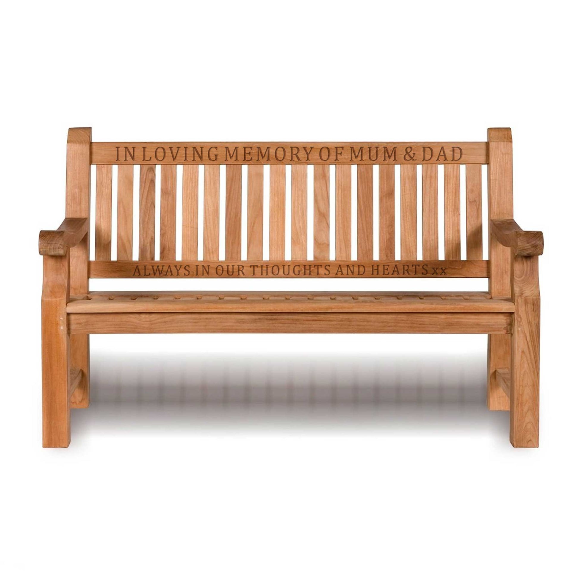 3 seat wooden memorial bench with carved words on two rails 