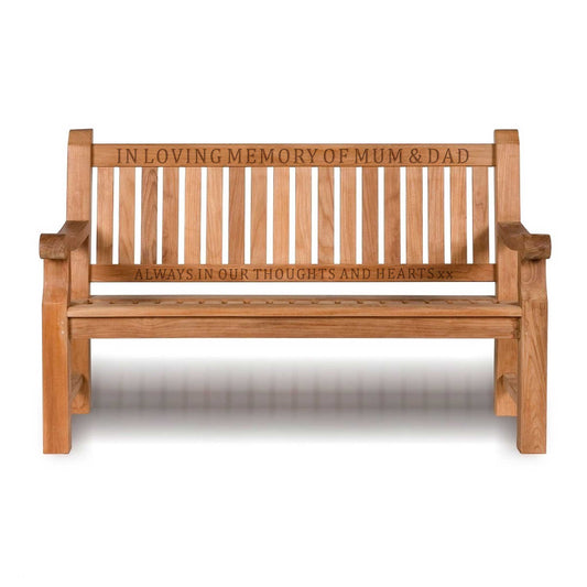 3 seat wooden memorial bench with carved words on two rails 