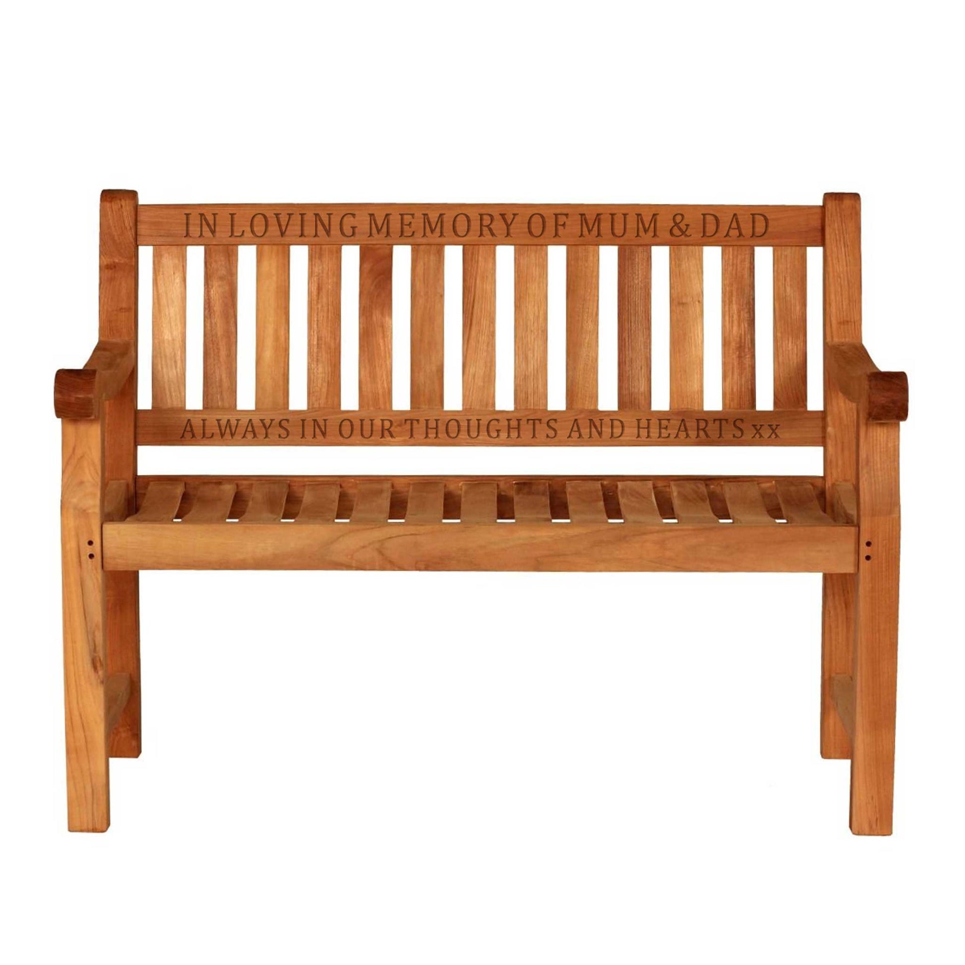 Wooden memorial bench with engraved text on 2 rails on a white background