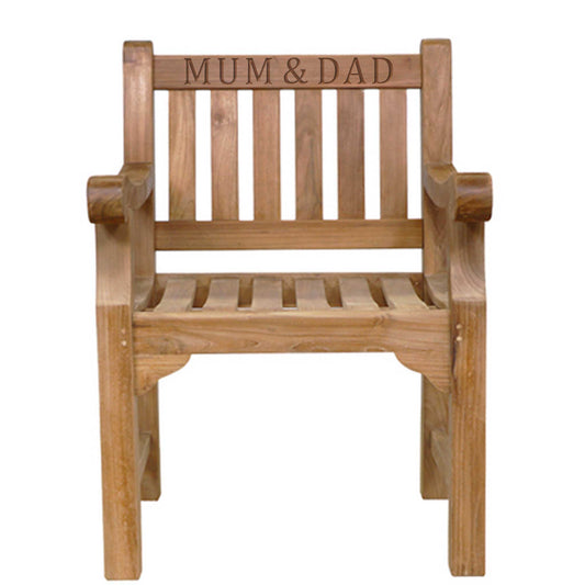 Wooden memorial chair with 'MUM & DAD' engraving on a white background