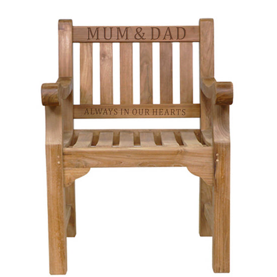 Wooden memorial chair with engraved text 'MUM & DAD ALWAYS IN OUR HEARTS' on a white background