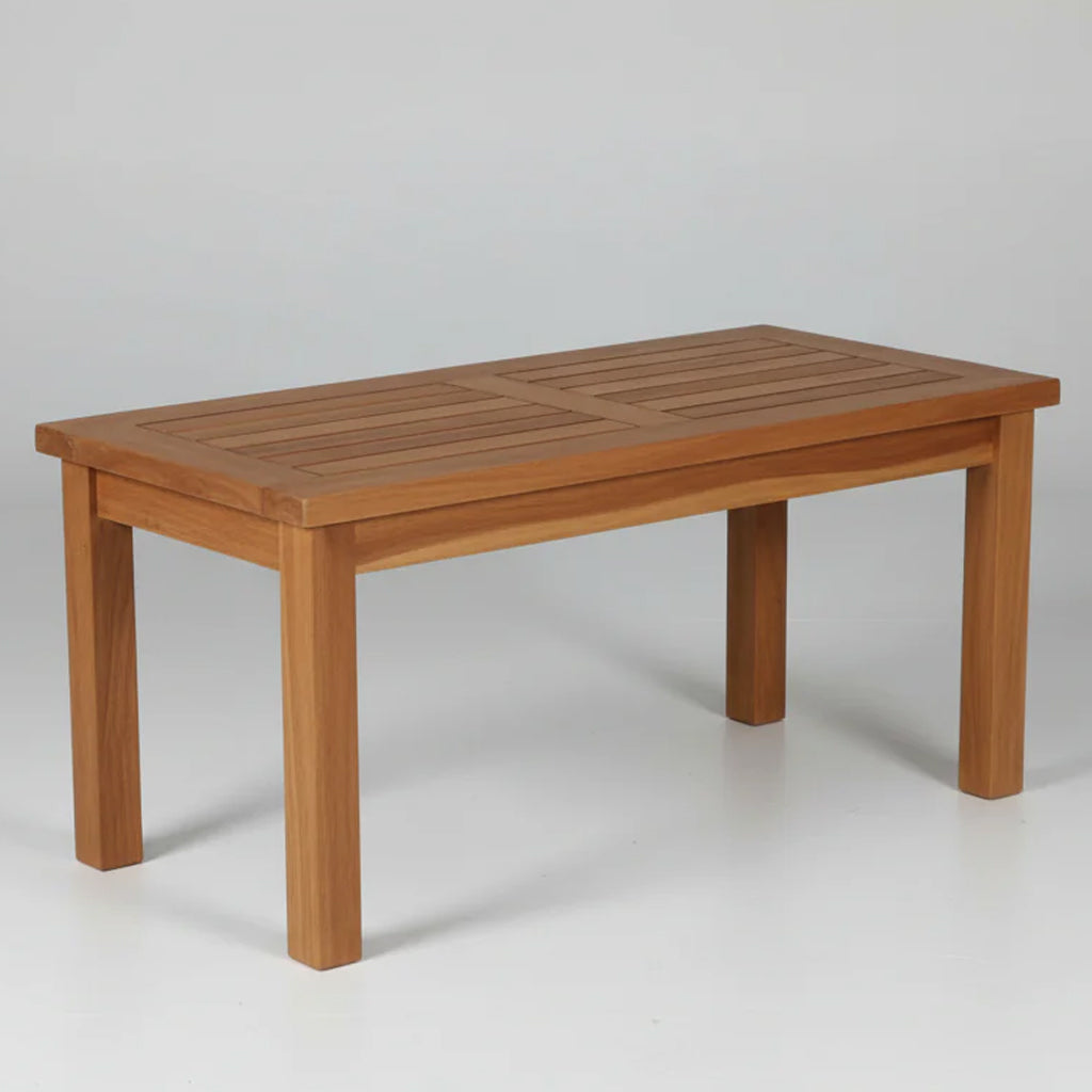 Wooden teak rectangular garden coffee table on a white background