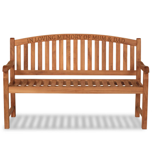 Wooden memorial bench with engraved text 'In Loving Memory of Mum & Dad' on a white background