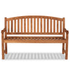 Wooden memorial bench with engraved text on 2 rails on a white background