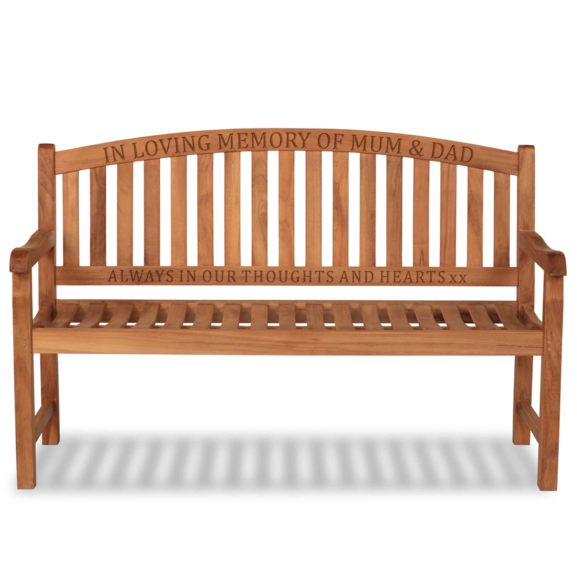 Wooden memorial bench with engraved text on 2 rails on a white background