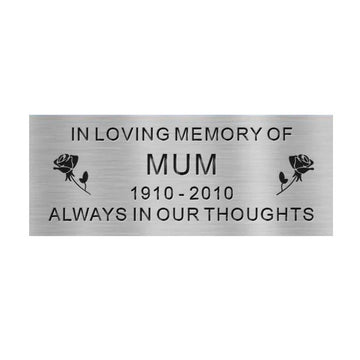 Memorial metal plaque for 'Mum' with roses on a white background