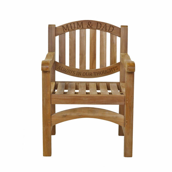 Wooden remembrance chair with engraved text 'MUM & DAD ALWAYS IN OUR THOUGHTS' on a white background