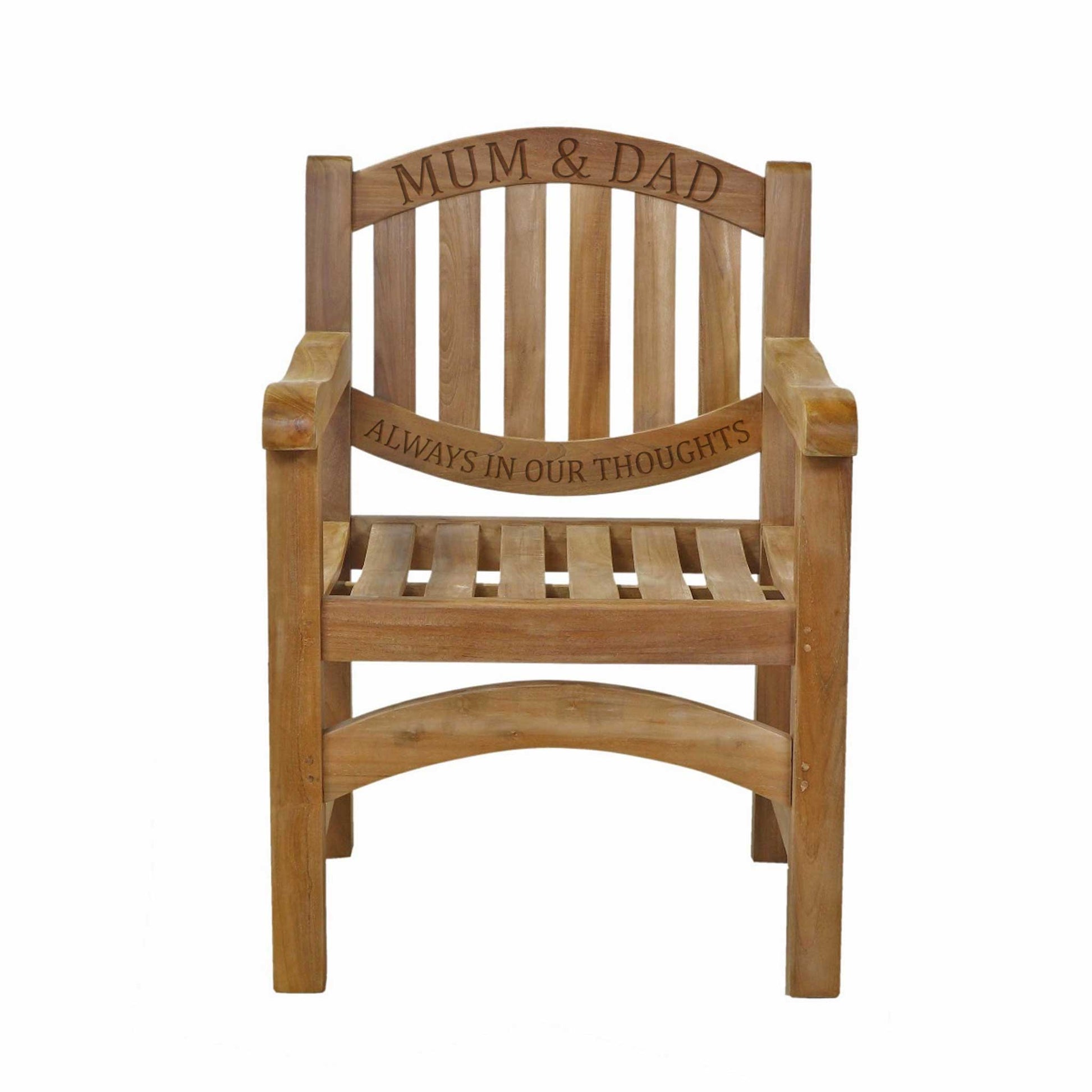 Wooden remembrance chair with engraved text 'MUM & DAD ALWAYS IN OUR THOUGHTS' on a white background