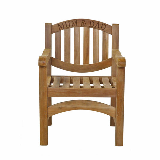 Wooden remembrance chair with 'MUM & DAD' engraving on a white background