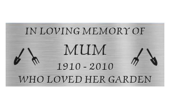 Memorial plaque for 'Mum' who loved her garden, with gardening tools on a white background.