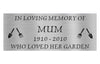 Memorial plaque for 'Mum' who loved her garden, with gardening tools on a white background.