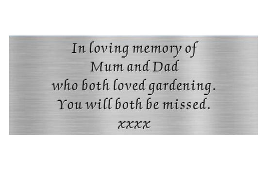 Memorial plaque for Mum and Dad with gardening tribute on a white background