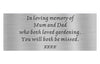 Memorial plaque for Mum and Dad with gardening tribute on a white background